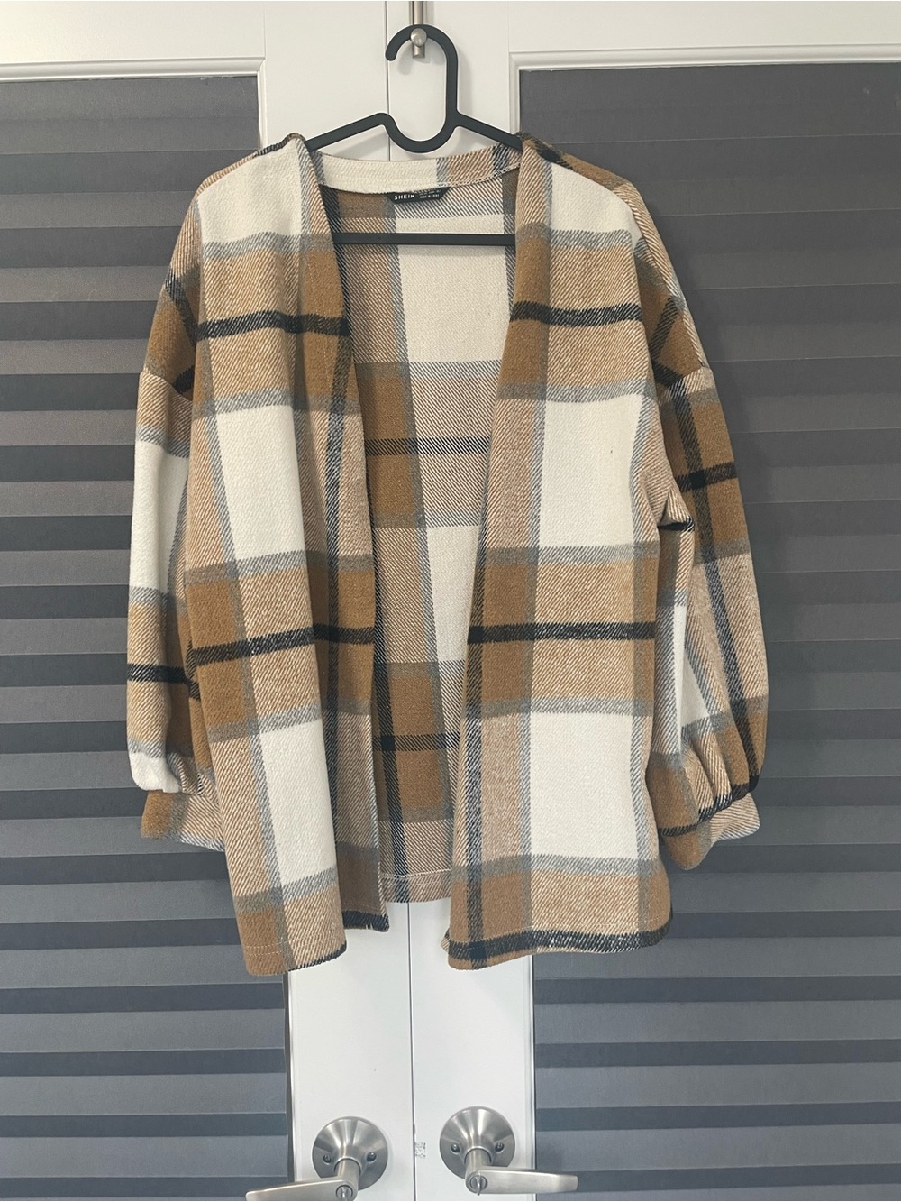 SHEIN Camel & Cream Plaid Open-Front Cardigan